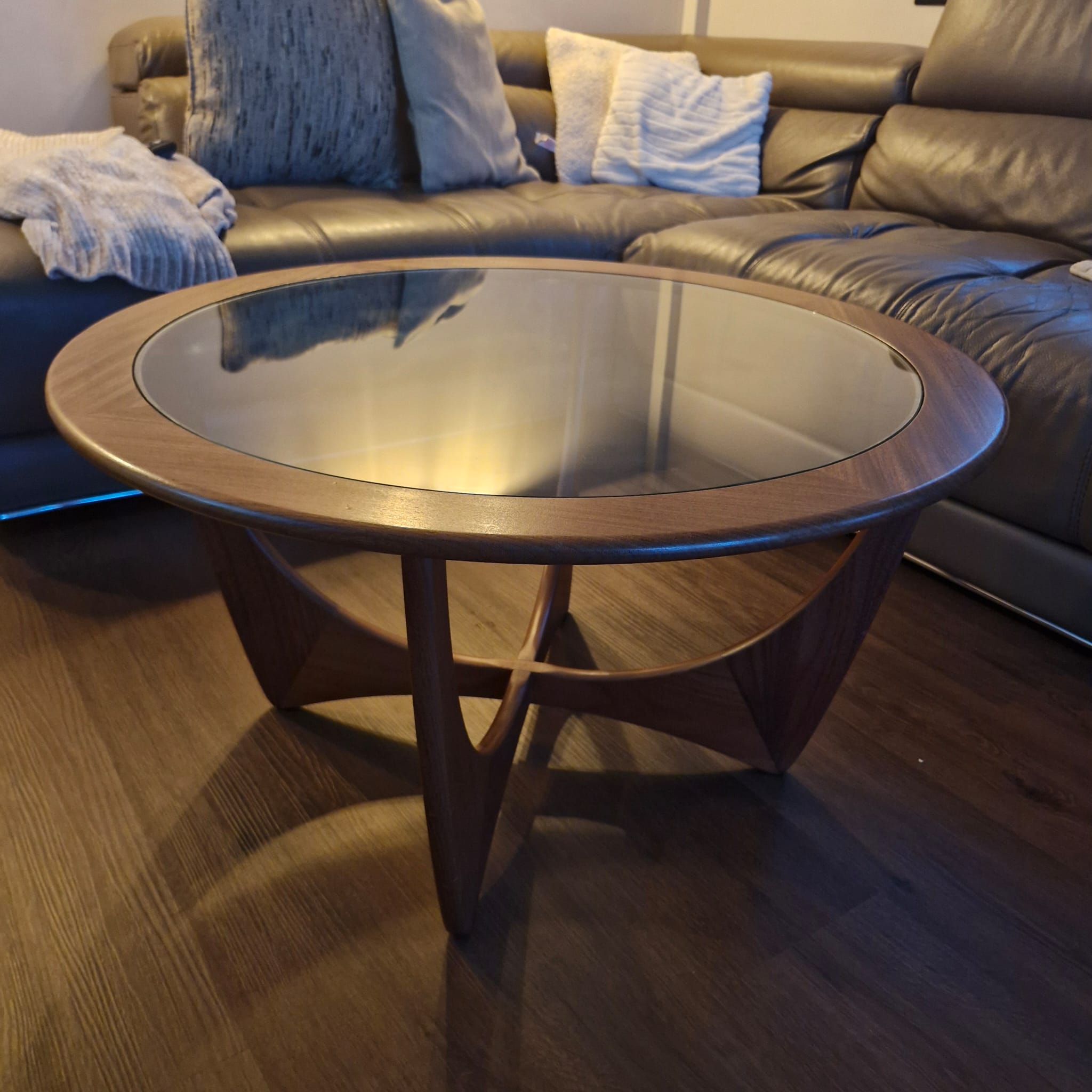 G Plan Astra Teak-Style Round Coffee Table with Glass Top, Atomic Leg Mid-Century Style